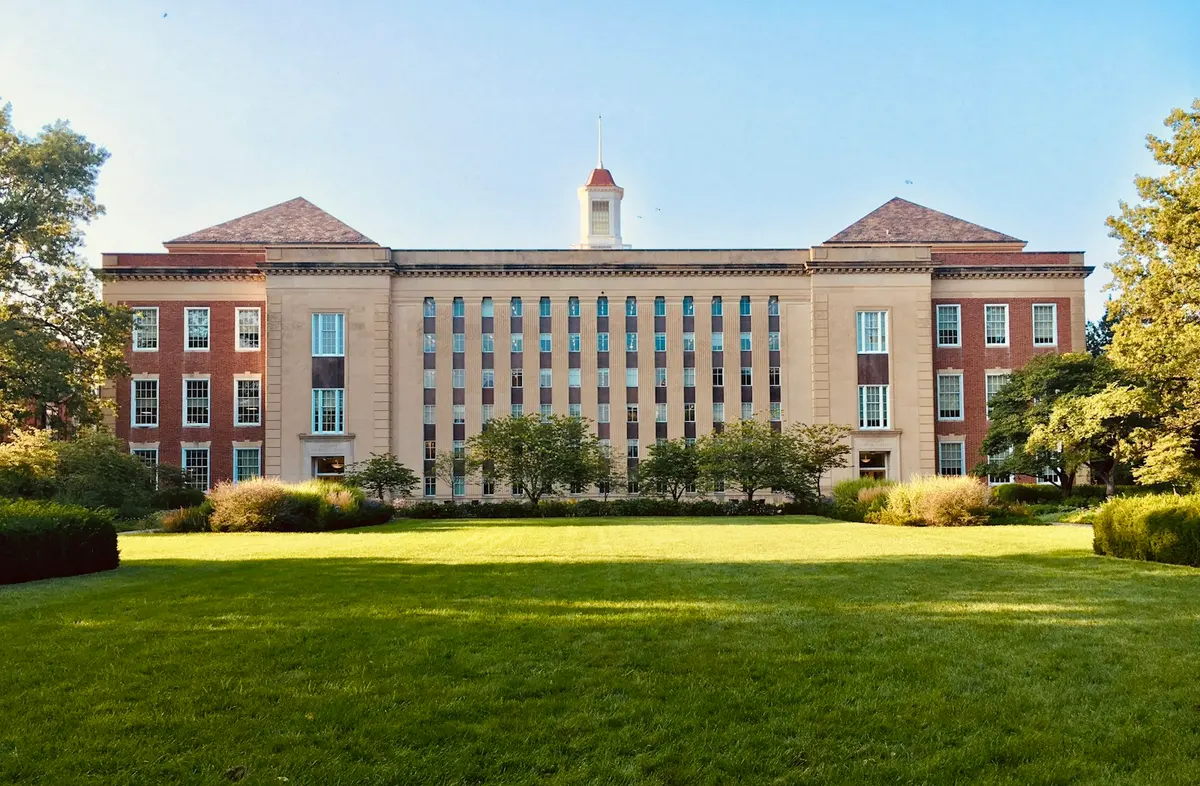 Institutional campus building and lawn
